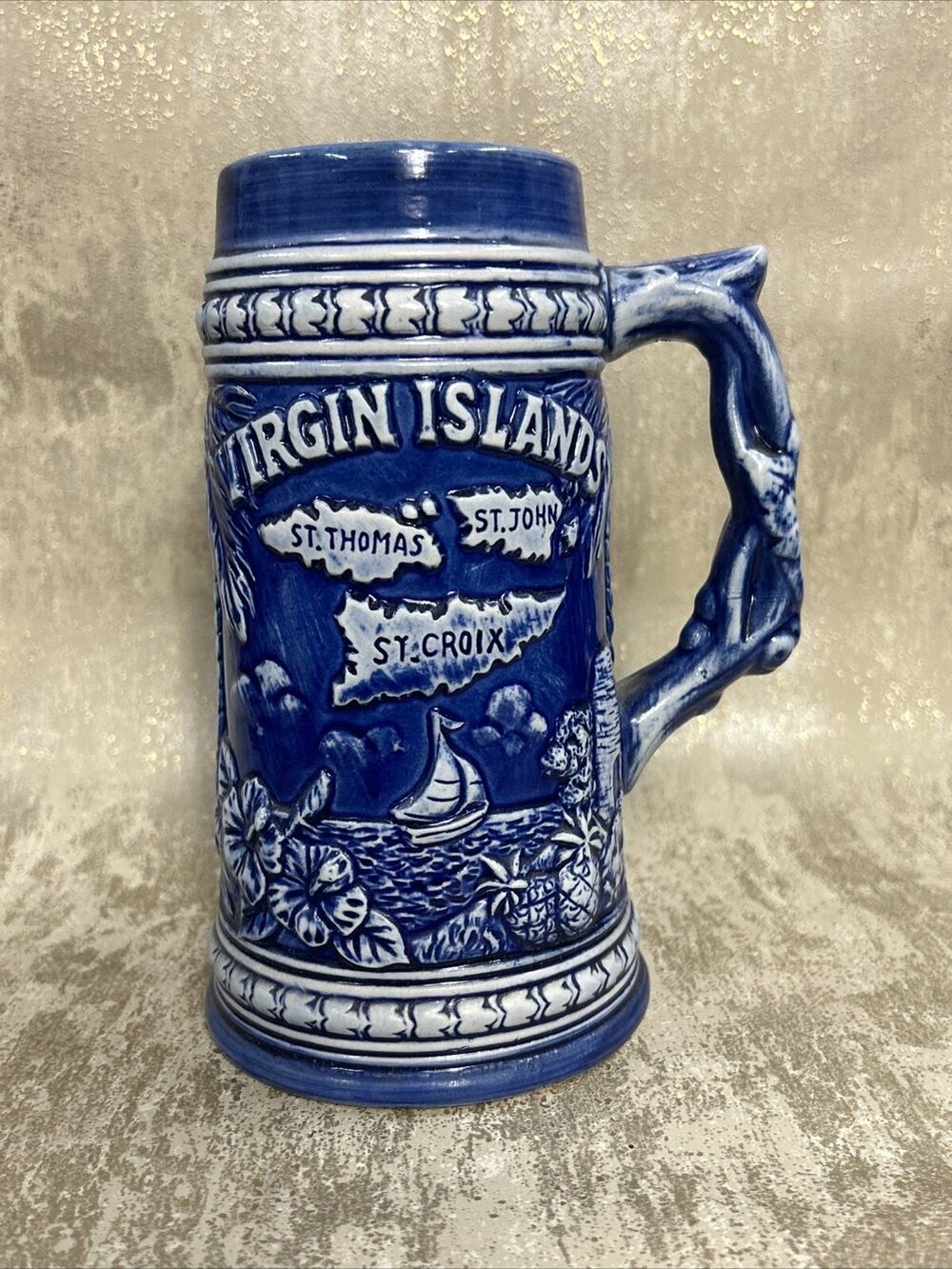 Vintage Virgin Islands Blue Glaze Souvenir Beer Stein